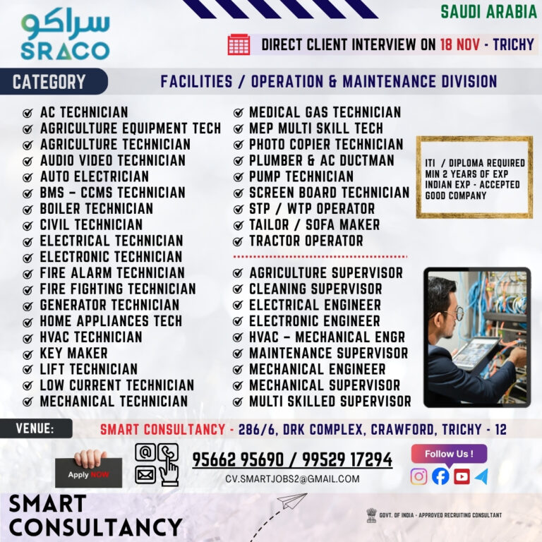 WANTED FOR A LEADING MAINTENANCE COMPANY | (SAUDI) – DIRECT CLIENT INTERVIEW ON 18th NOVEMBER – TRICHY