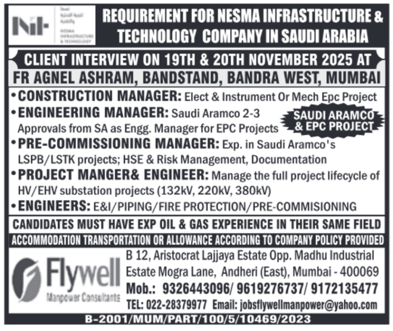 Saudi Arabia Nesma Infrastructure Jobs – Aramco & EPC Project Recruitment | Flywell Consultants