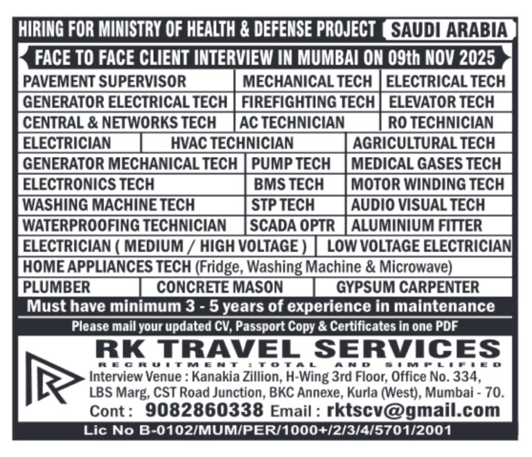 Saudi Arabia Ministry of Health & Defense Jobs – Free Recruitment in Mumbai | RK Travel Services