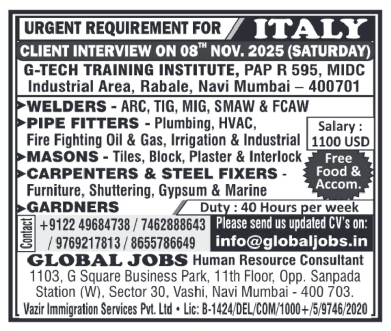 Italy Construction Jobs – Free Food & Accommodation | Global Jobs Mumbai Interview