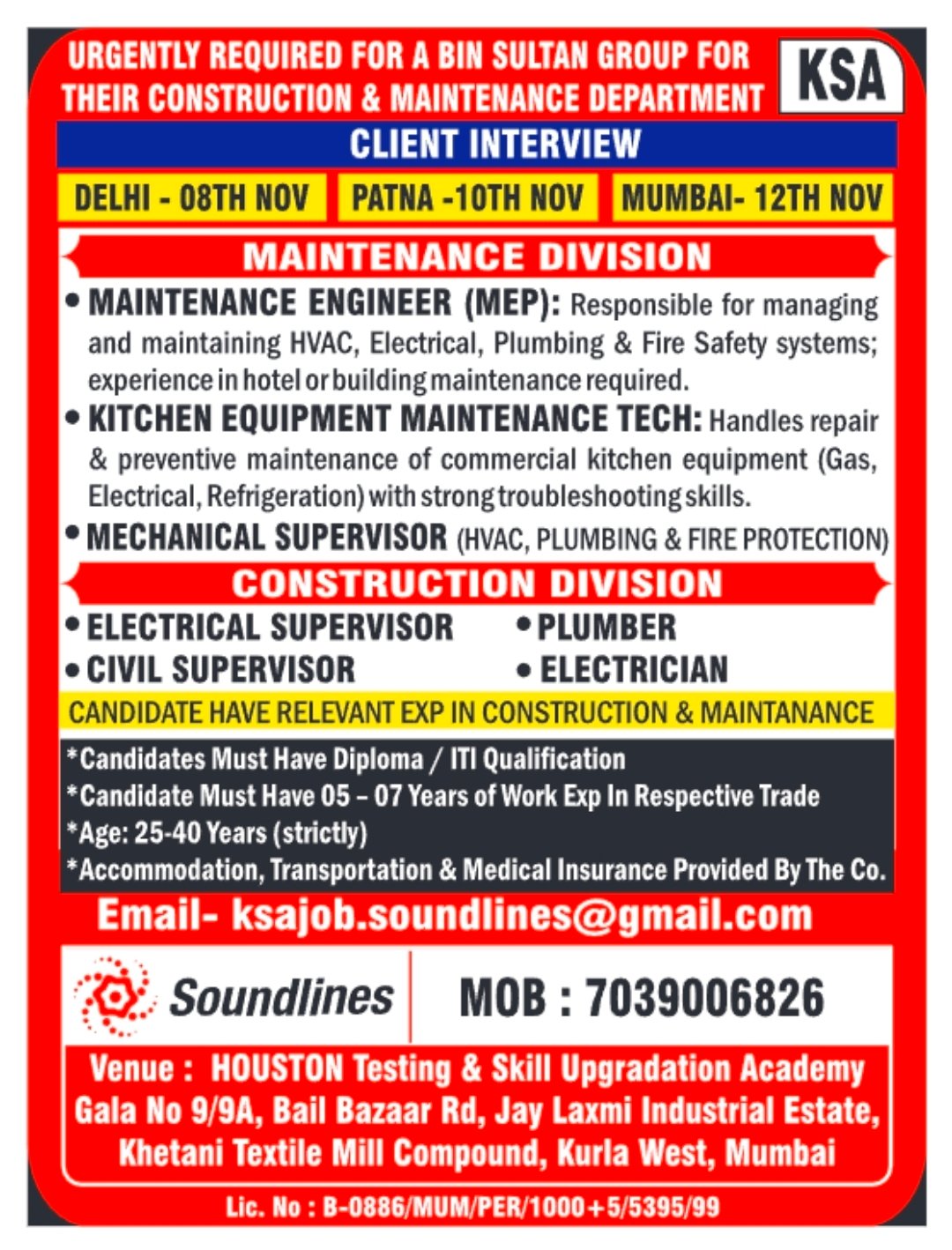 KSA Bin Sultan Group Jobs Construction and Maintenance