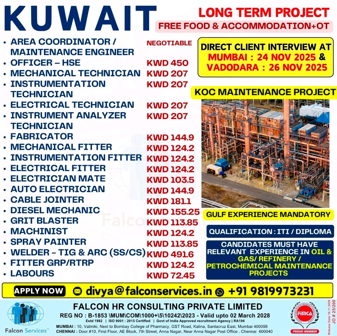 Kuwait KOC maintenance project hiring technicians, fitters, electricians and welders through Falcon HR