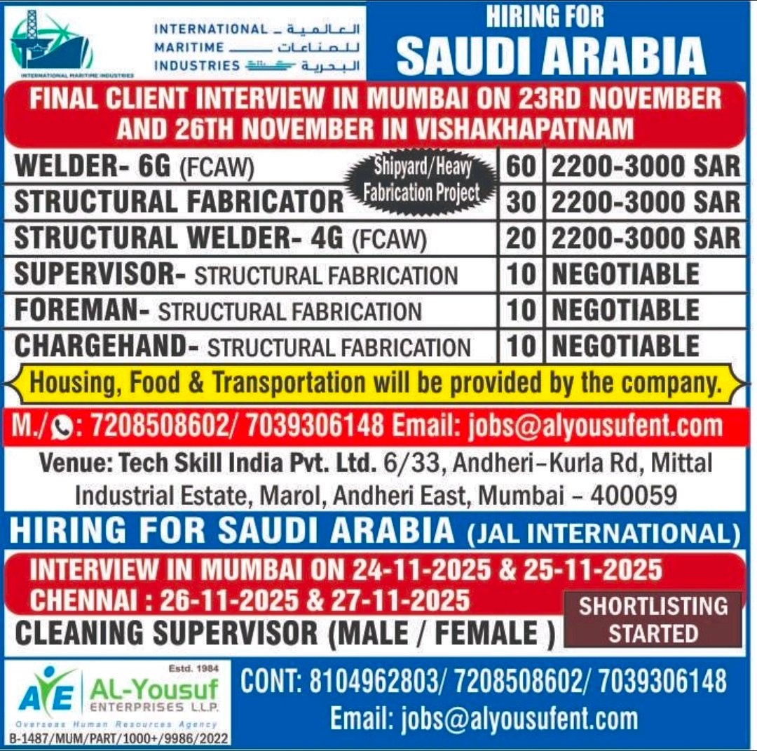 Saudi Arabia hiring welders, fabricators and supervisors through Al Yousuf Enterprises