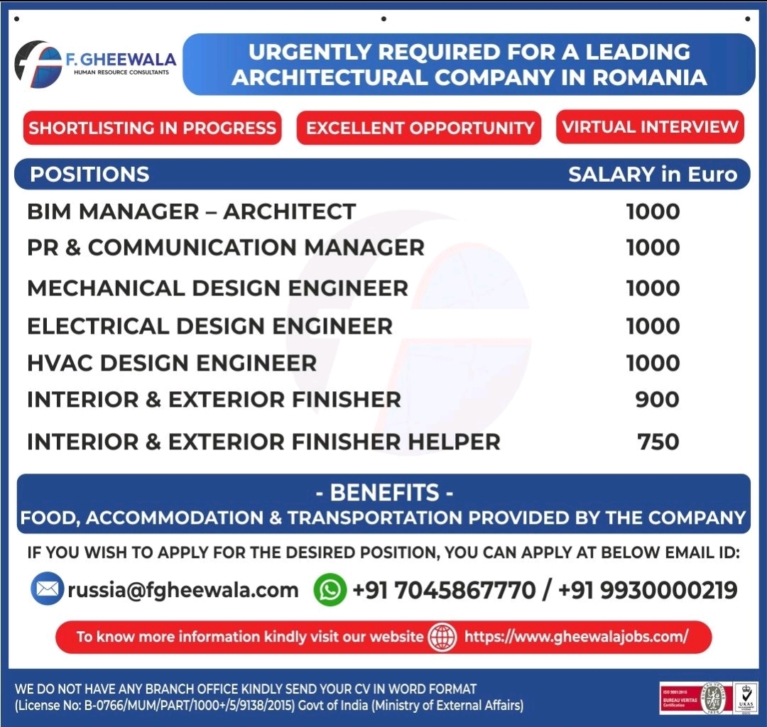 Romania job vacancy for BIM Managers and Engineers by F Gheewala Consultants