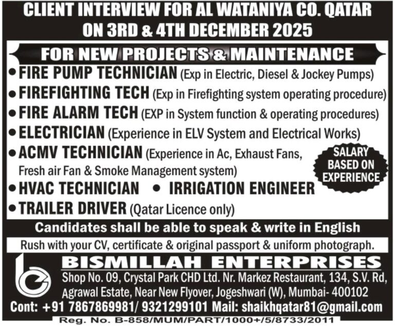 Qatar job vacancy 2025: Urgent Hiring for Al Wataniya Co.
