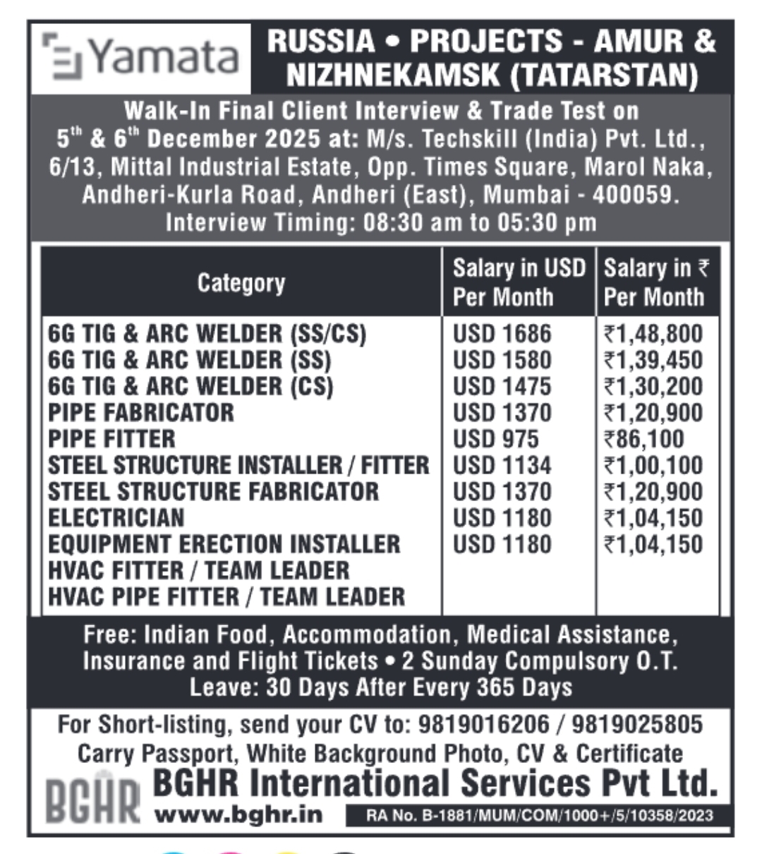 Russia job vacancy advertisement for Yamata projects in Amur and Nizhnekamsk showing welder salaries