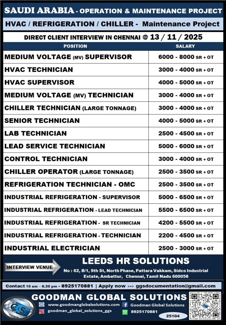 SAUDI ARABIA - OPERATION & MAINTENANCE PROJECT HVAC / REFRIGERATION / CHILLER - MAINTENANCE DIRECT CLIENT INTERVIEW IN CHENNAI @ 13 NOV 2025 2 SAUDI ARABIA – OPERATION & MAINTENANCE PROJECT HVAC / REFRIGERATION / CHILLER – MAINTENANCE DIRECT CLIENT INTERVIEW IN CHENNAI @ 13 NOV 2025