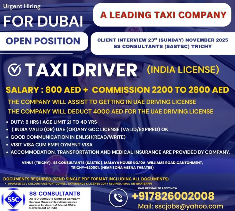 Taxi Driver Job in Dubai with Visa Sponsorship – 2200-2800 AED Salary