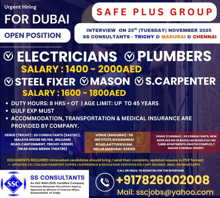 Urgent Dubai Hiring: Electricians, Plumbers, Steel Fixers – Safe Plus Group