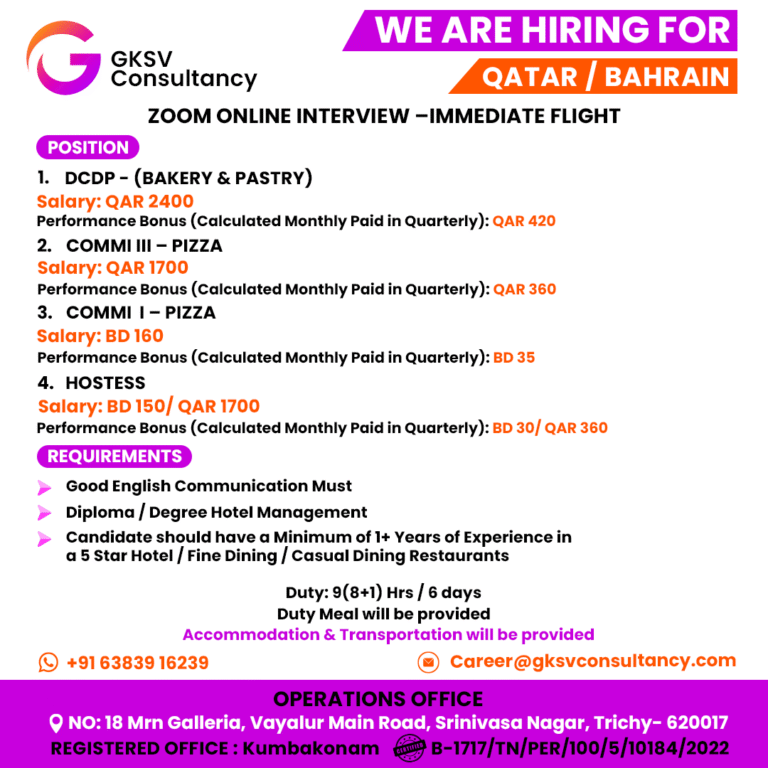 Urgent Hiring for Bahrain / qatar