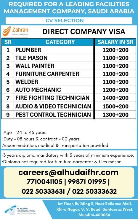 Zahran Facilities Management Jobs Urgent Hiring For Saudi Arabia