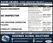 SAUDI ARABIA - STEEL INDUSTRY PROJECT ( LONG TERM ) ONLINE INTERVIEW -CV Shortlisting under progress
