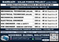 BAHRAIN - SOLAR POWER PROJECT ( LONG TERM ) DIRECT CLIENT INTERVIEW IN CHENNAI - 2nd Week JANUARY 2026
