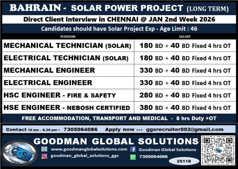 BAHRAIN – SOLAR POWER PROJECT ( LONG TERM ) DIRECT CLIENT INTERVIEW IN CHENNAI – 2nd Week JANUARY 2026