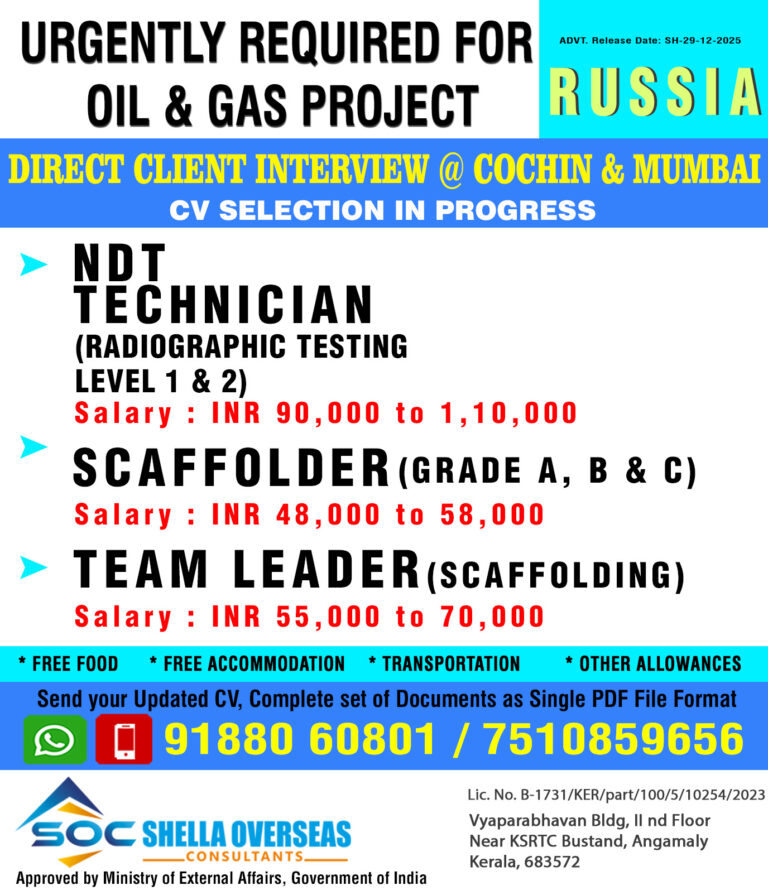 Urgently Required for Oil & Gas Project in Russia: High Salary Vacancies 3 Urgently Required for Oil & Gas Project in Russia: High Salary Vacancies