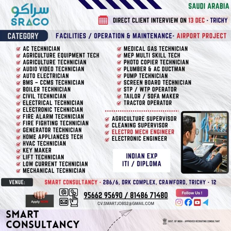 WANTED FOR A LEADING MAINTENANCE COMPANY – AIRPORT PROJECT (SAUDI) – DIRECT CLIENT INTERVIEW ON 13 DECEMBER – TRICHY
