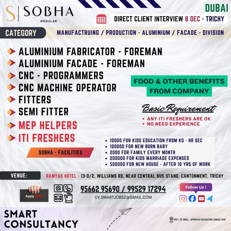 WANTED FOR A LEADING MANUFACTURING COMPANY (DUBAI) – DIRECT CLIENT INTERVIEW ON 8th DECEMBER – TRICHY