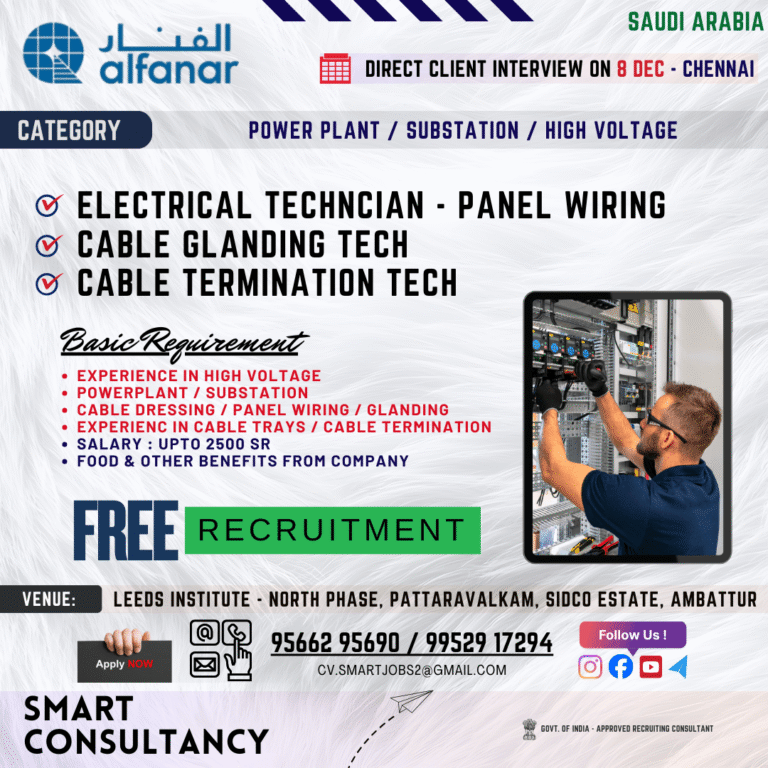 WANTED FOR A LEADING POWERPLANT / SUBSTATION (SAUDI) – DIRECT CLIENT INTERVIEW ON 8th DECEMBER