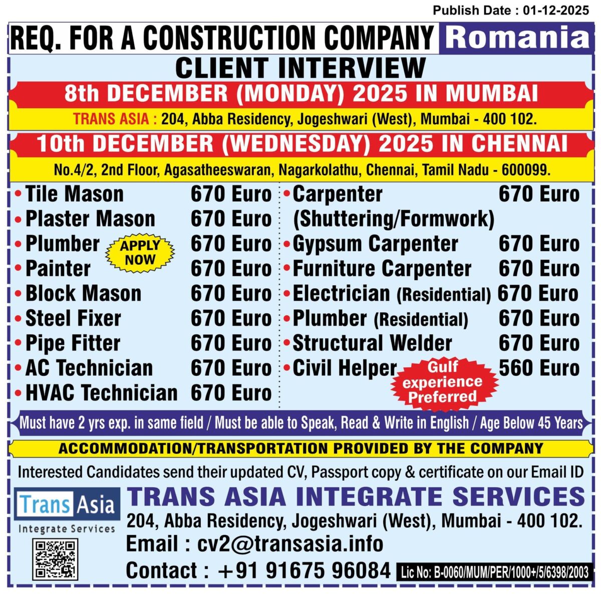 Romania job vacancy advertisement for construction workers in Mumbai and Chennai by Trans Asia