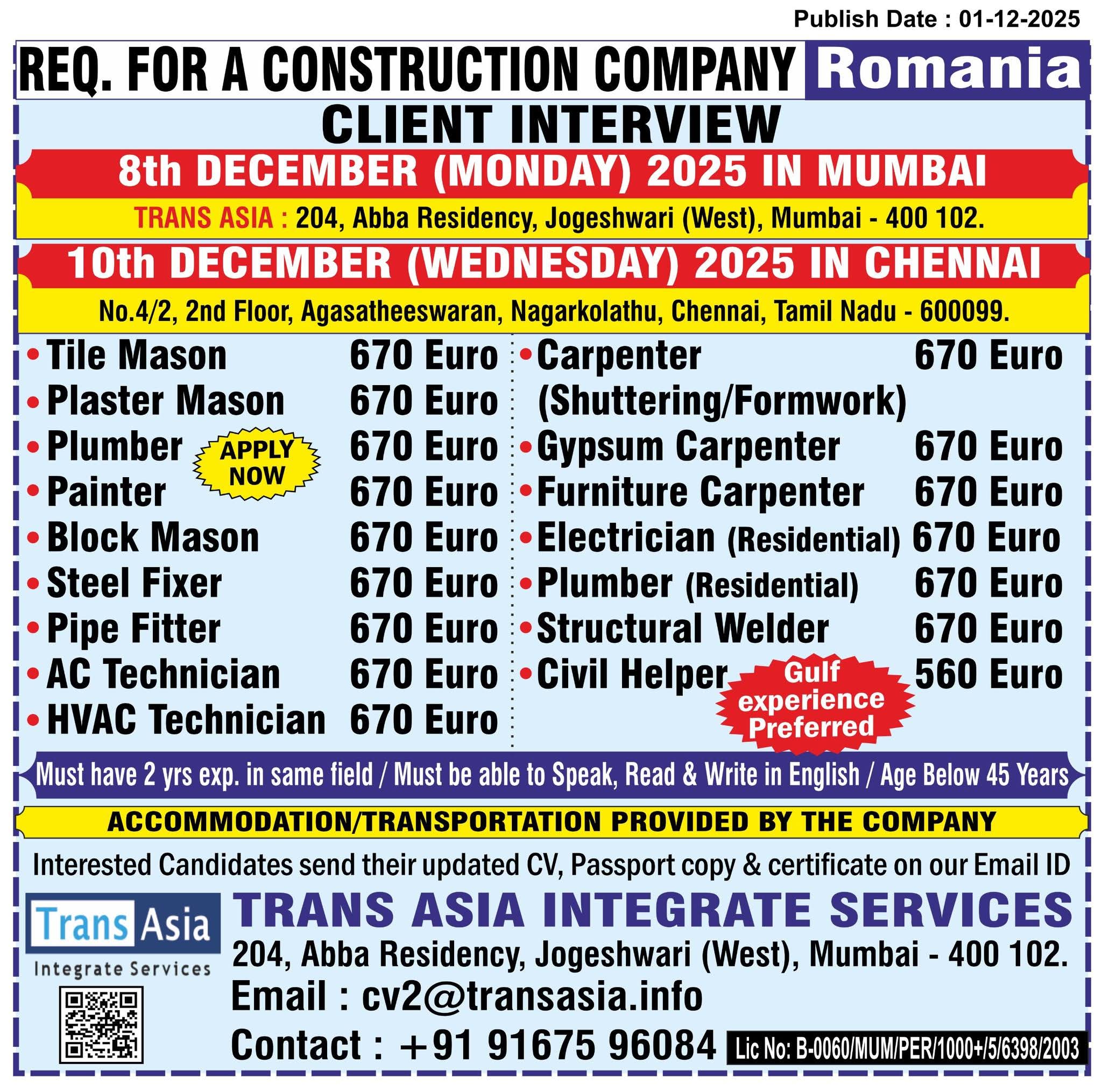 Romania job vacancy advertisement for construction workers in Mumbai and Chennai by Trans Asia