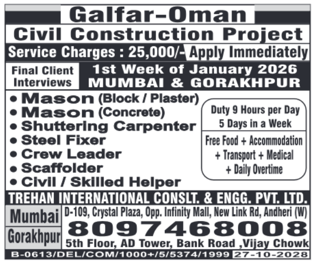 Galfar Oman Jobs vacancy poster for 2026 by Trehan International