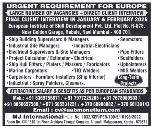 Ship Building Jobs in Europe recruitment flyer by MJ International