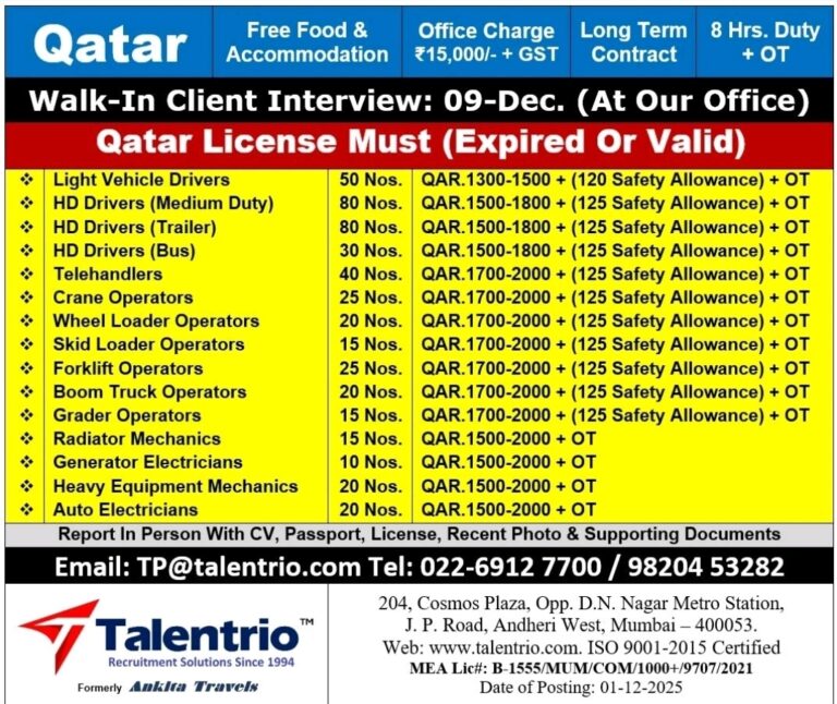 Qatar Driver and Operator Jobs: Urgent Hiring with Free Food and Accommodation 6 Qatar Driver and Operator Jobs: Urgent Hiring with Free Food and Accommodation