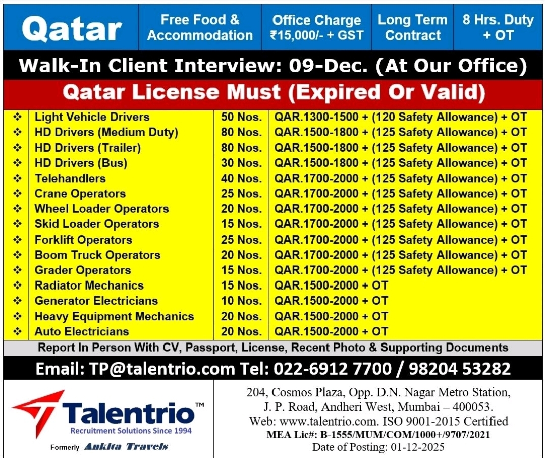 Qatar Driver and Operator Jobs vacancy advertisement by Talentrio Recruitment