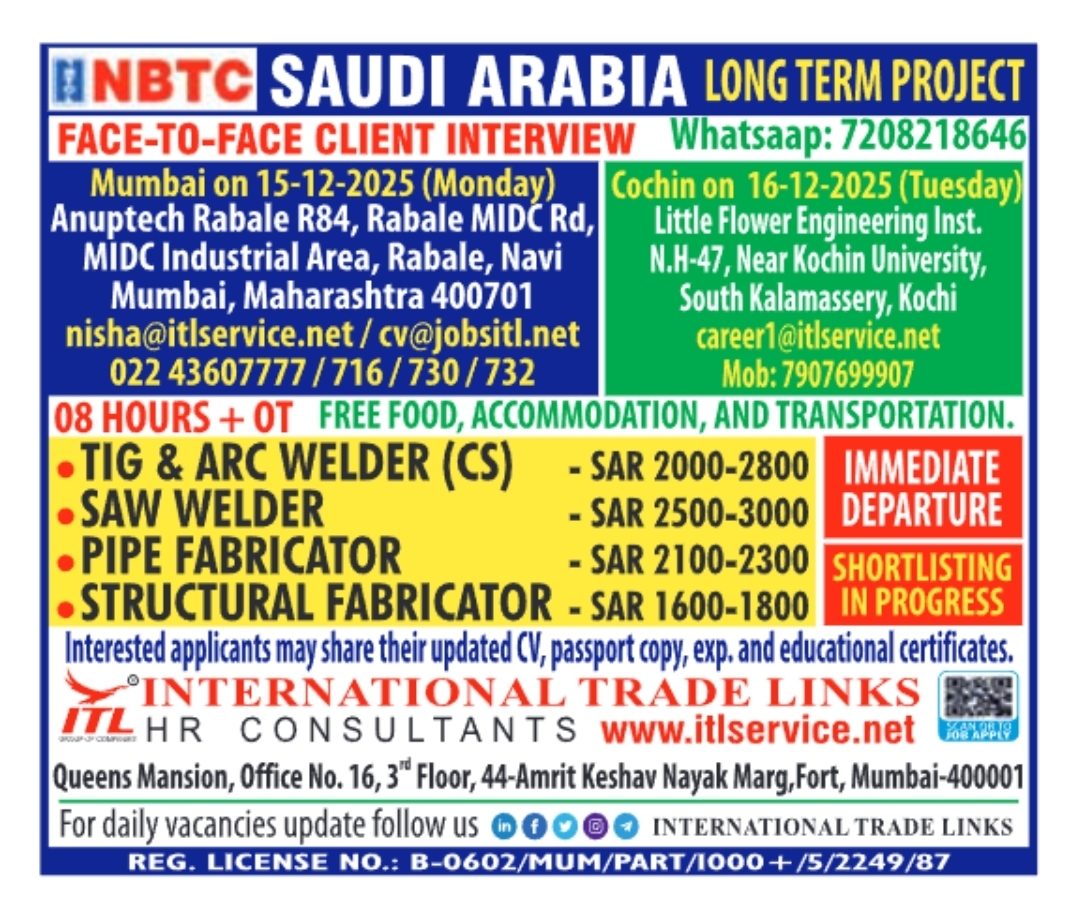 NBTC Saudi Arabia Jobs vacancy poster for welders and fabricators by International Trade Links
