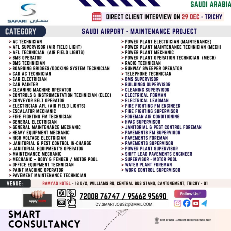 WANTED FOR A LEADING MAINTENANCE COMPANY (SAUDI) AIRPORT PROJECT – DIRECT CLIENT INTERVIEW ON 29 DECEMBER – TRICHY