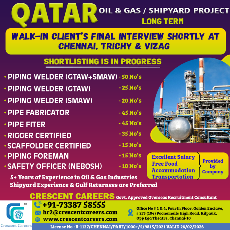 PIPING WELDER / PIPE FAABRICATOR / PIPE FITTER / RIGGER / SCAFFOLDER / PIPING FOREMAN / SAFETY OFFICER