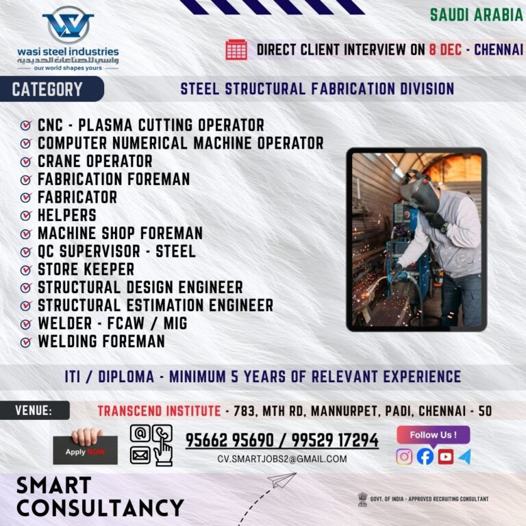 WANTED FOR A LEADING STEEL FABRICATION COMPANY (SAUDI) – DIRECT CLIENT INTERVIEW ON 8th DECEMBER – CHENNAI