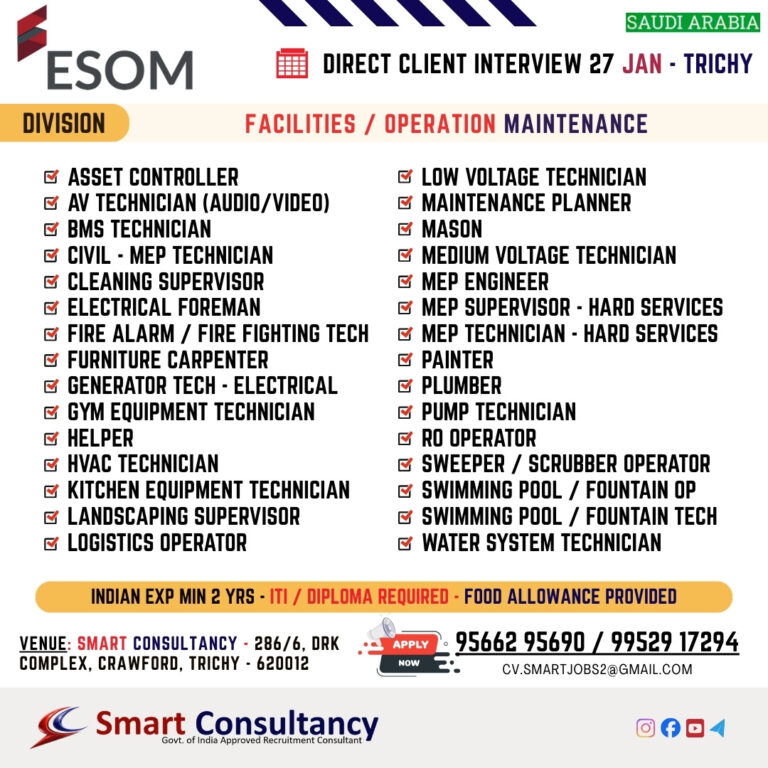 WANTED FOR A LEADING MAINTENANCE COMPANY (SAUDI) DIRECT CLIENT INTERVIEW ON 27 JAN – TRICHY