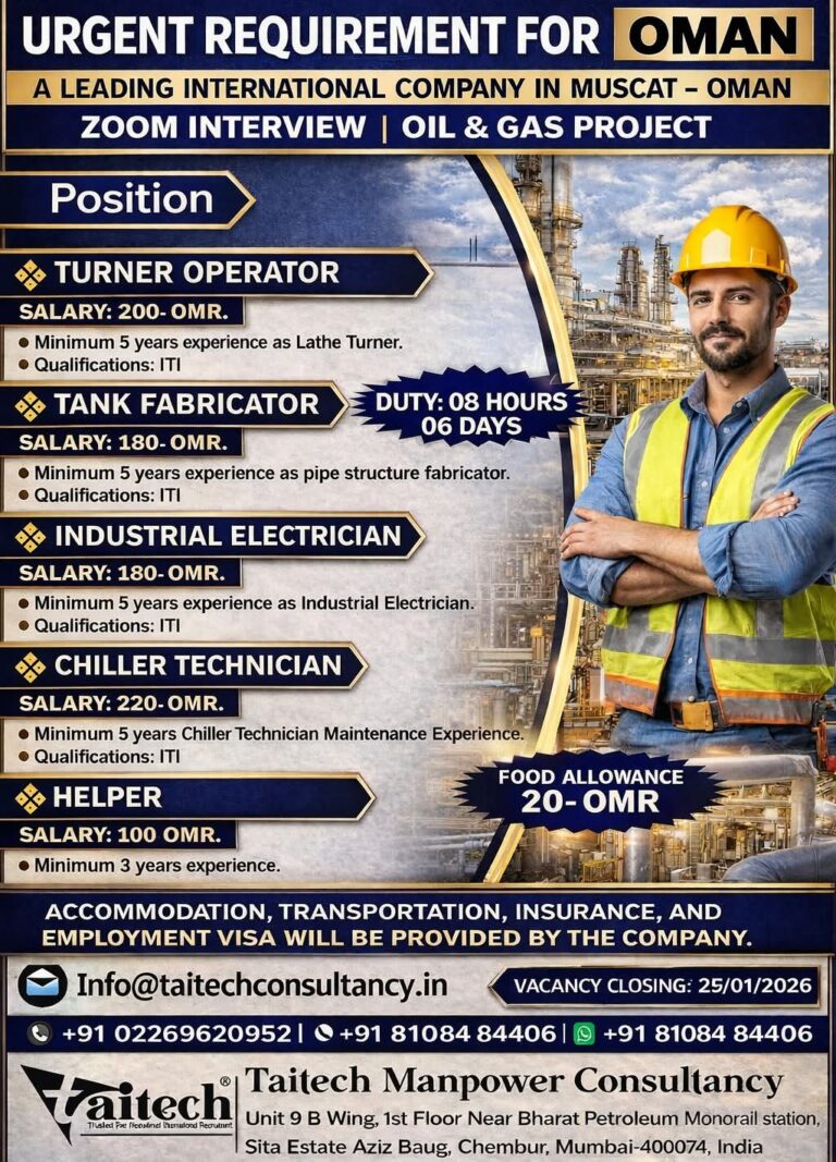 Oman Oil and Gas Jobs: Urgent Hiring for Turners and Electricians in Muscat