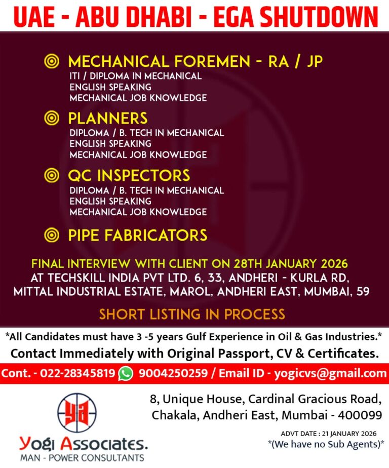 UAE Shutdown Jobs: Urgent Hiring for EGA Project with Yogi Associates