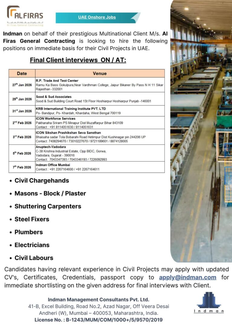 UAE Onshore Jobs: Indman Hiring for Civil Projects – Apply Now