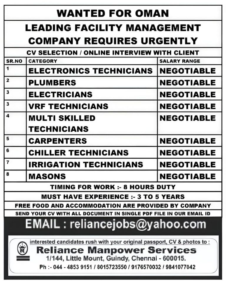 Job Vacancy in Oman: Urgent Hiring for Facility Management by Reliance Manpower