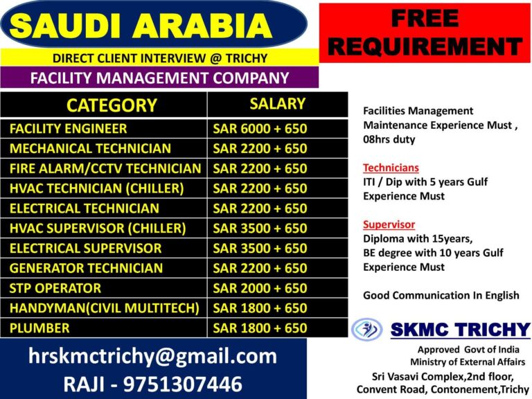 Saudi Arabia Free Requirement: Urgent Hiring for Facility Management in Trichy