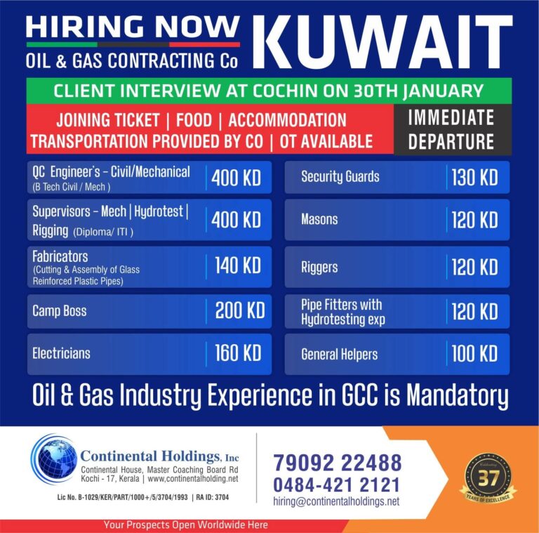 Kuwait Job Vacancy: Urgent Hiring for Oil & Gas Project in Cochin