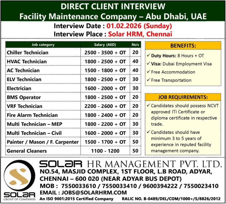 Abu Dhabi Job Vacancy Urgent Hiring for Facility Maintenance in Chennai