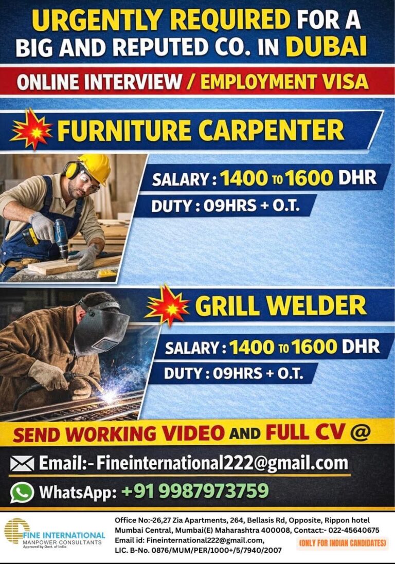 Dubai Job Vacancy: Urgent Hiring for Carpenters and Welders by Fine International