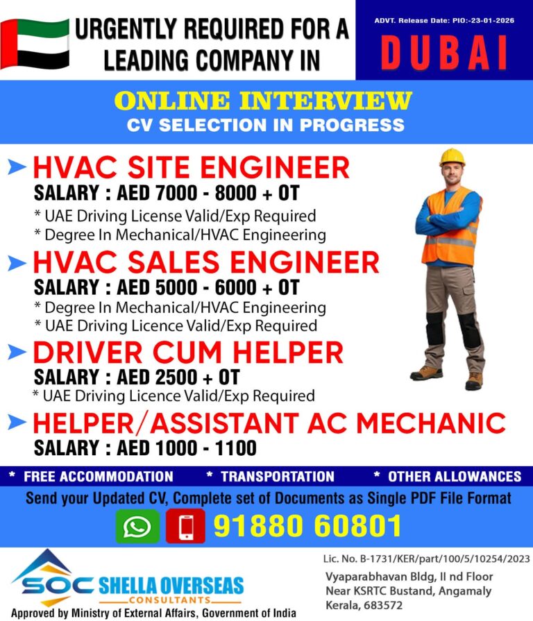 Dubai Job Vacancy: Urgent Hiring for HVAC Engineers and Drivers