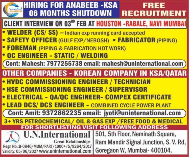 Free Recruitment Anabeeb KSA: Urgent Shutdown Jobs by U.N. International