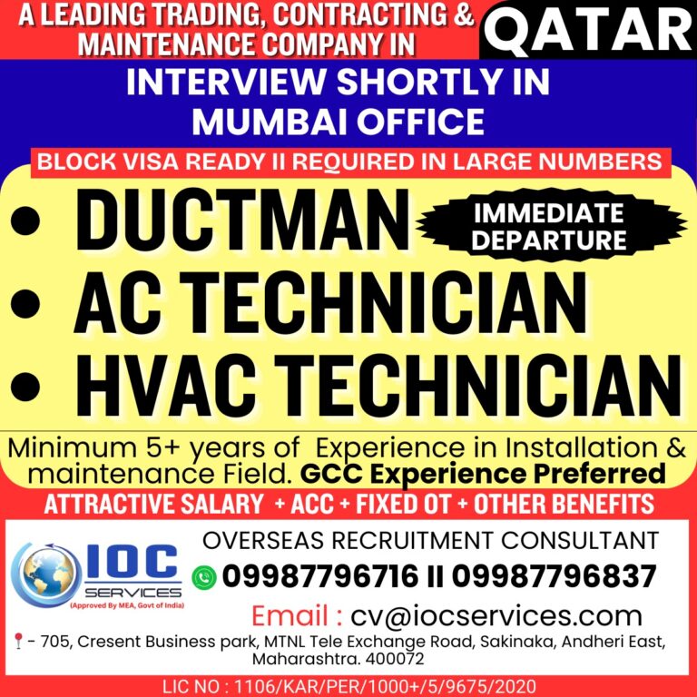 Qatar Jobs: Urgent Hiring for Ductman and HVAC Technicians with IOC Services