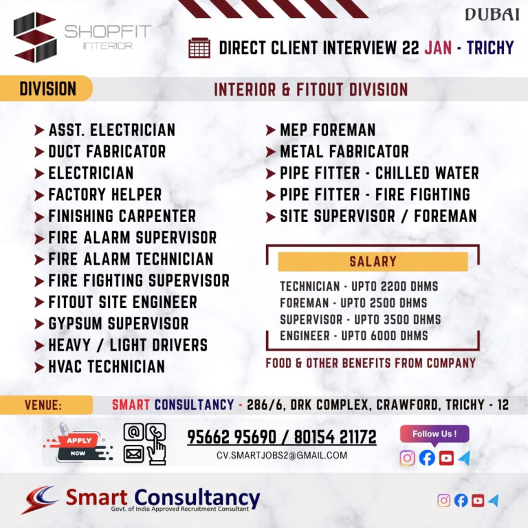 WANTED FOR A LEADING INTERIOR DESIGNING COMPANY (DUBAI) DIRECT CLIENT INTERVIEW ON 22 JAN – TRICHY