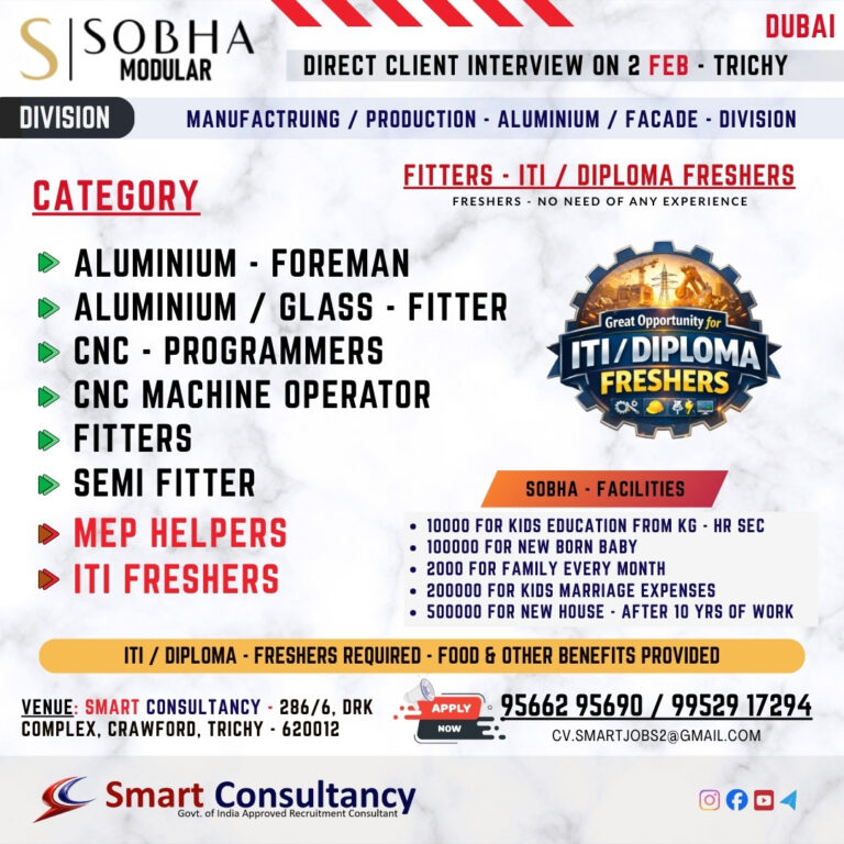 WANTED FOR A LEADING MANUFACTURING COMPANY (DUBAI) DIRECT CLIENT INTERVIEW ON 2 FEB – TRICHY