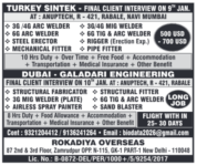 Turkey Sintek and Dubai Galadari Engineering Jobs: Client Interview in Mumbai