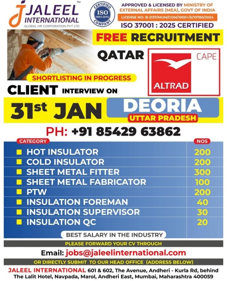 Qatar Free Recruitment for Altrad Cape Projects: Massive Hiring in Deoria