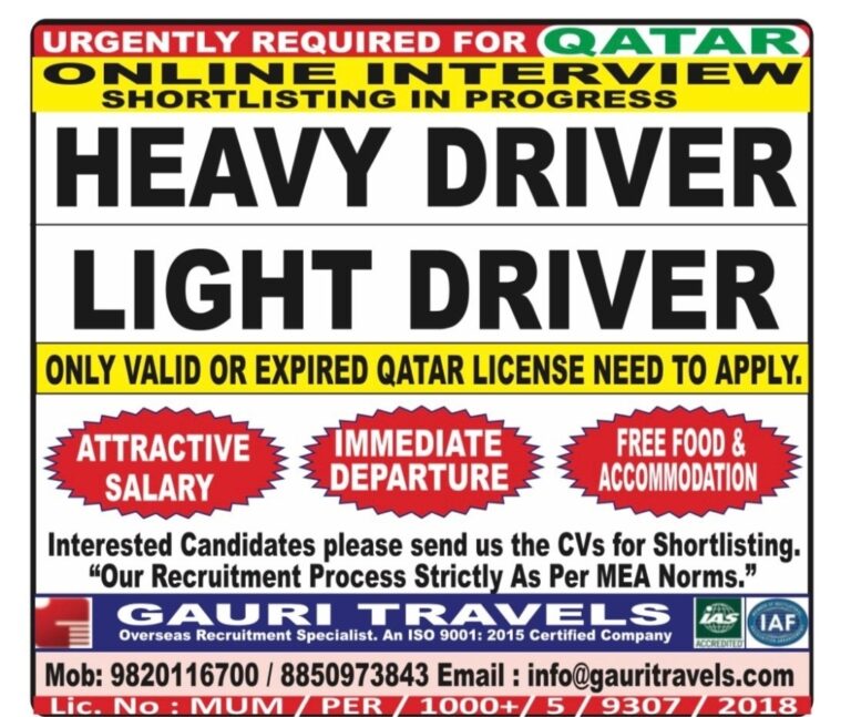 Qatar Job Vacancy for Drivers: Urgent Hiring by Gauri Travels (Online Interview)