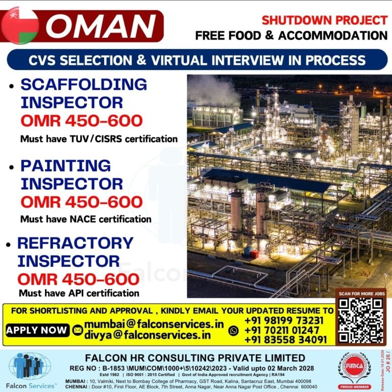 Oman Shutdown Jobs: Urgent Hiring for Inspectors by Falcon HR